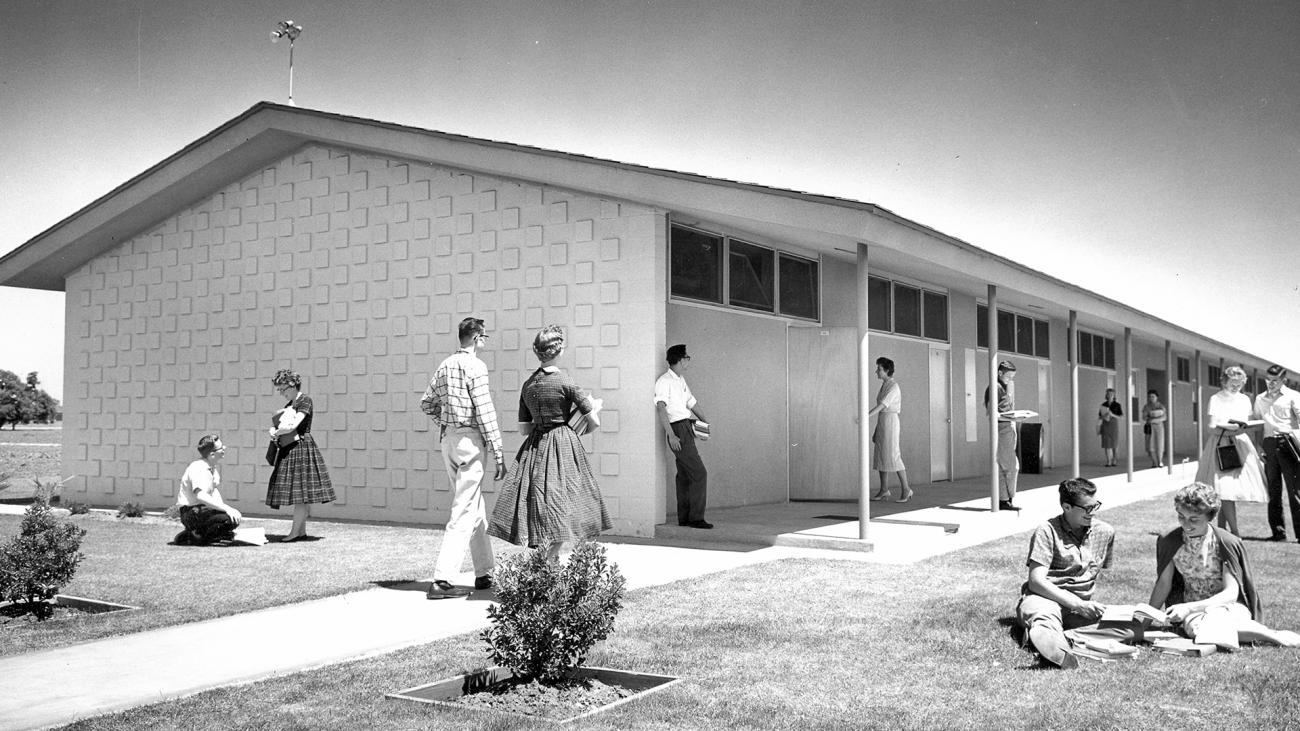 Students attending class at Pacific College in the 1960's